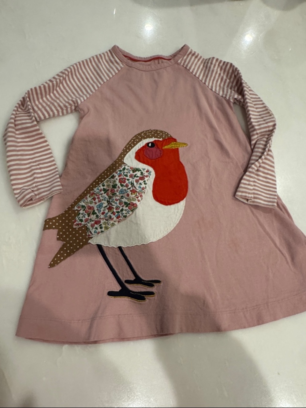 Mini Boden Pink Striped Sleeve Dress with Appliqué Robin